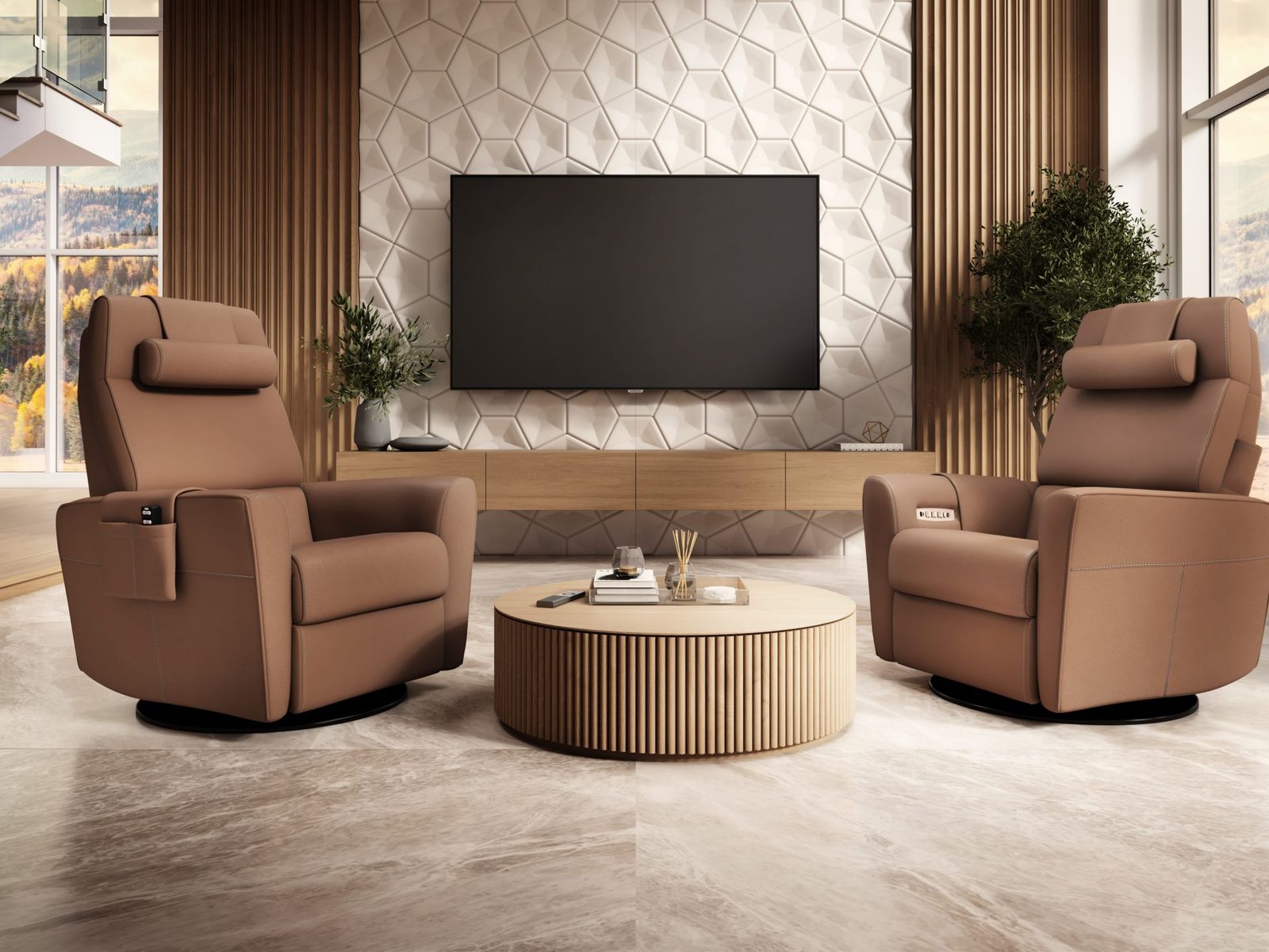 Deux fauteuils Ego en cuir cognac devant un mur de bois et une télévision, table ronde entre les deux