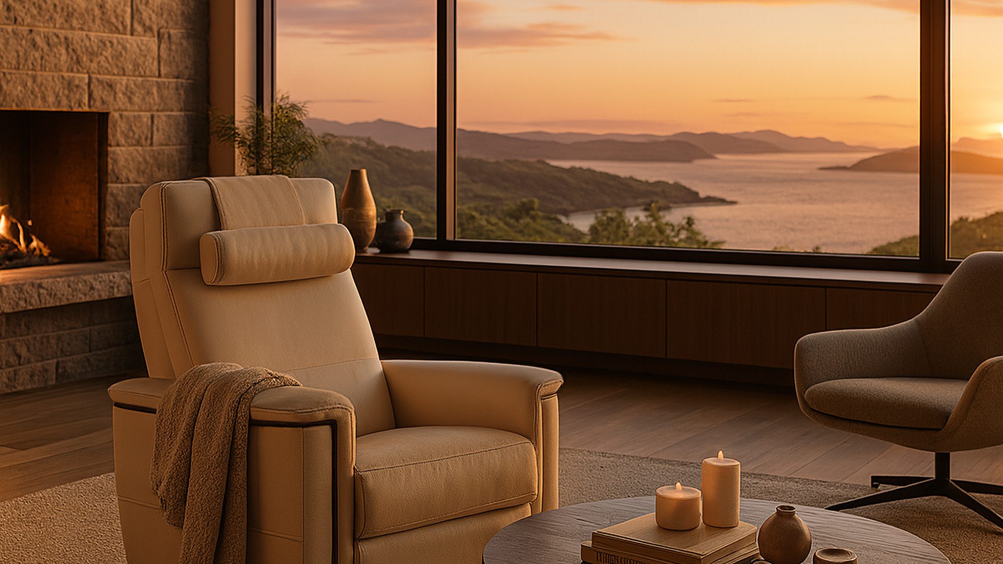 Un fauteuil inclinable Ego en cuir beige devant une grande fenêtre, le soleil se couche sur les collines et l'eau, un feu brûle dans le foyer de pierre